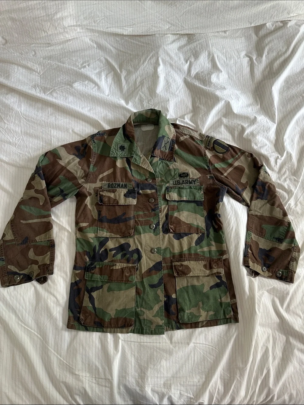 VTG 1981 US Army 1st Pattern Woodland Camo BDU Jacket Smooth Twill Square Flap